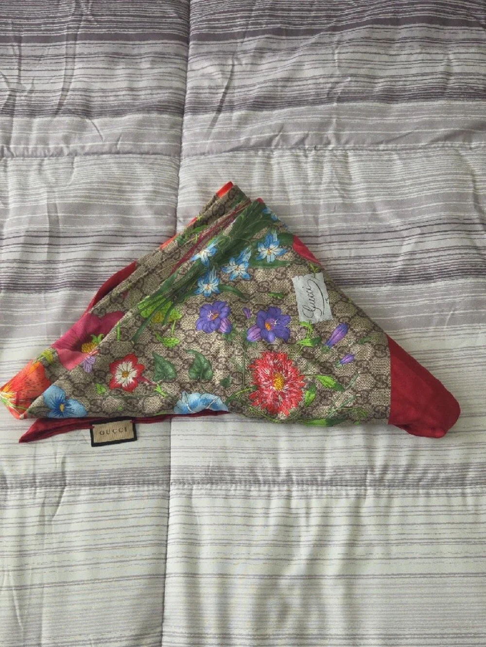 Gucci Brown Monogram Floral Silk Scarf with Red Accent